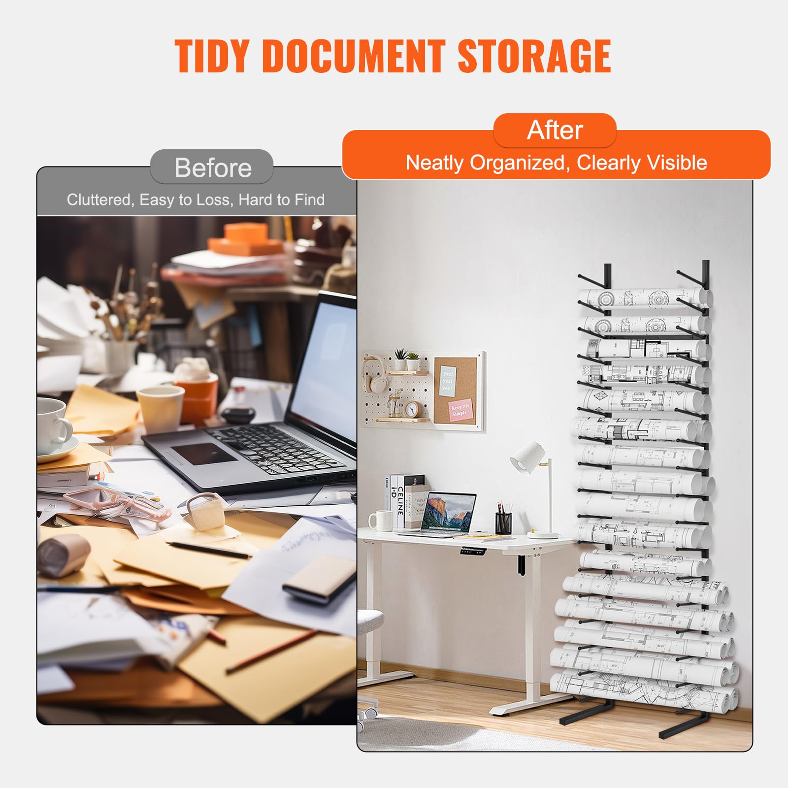 VEVOR Estante de Almacenamiento de Planos Estante Colgante para Exhibición de Carteles de 16 niveles, 2 Rollos/Neumático, Soporte Vertical para Archivos en Rollo de Planos para Pósteres, Mapas