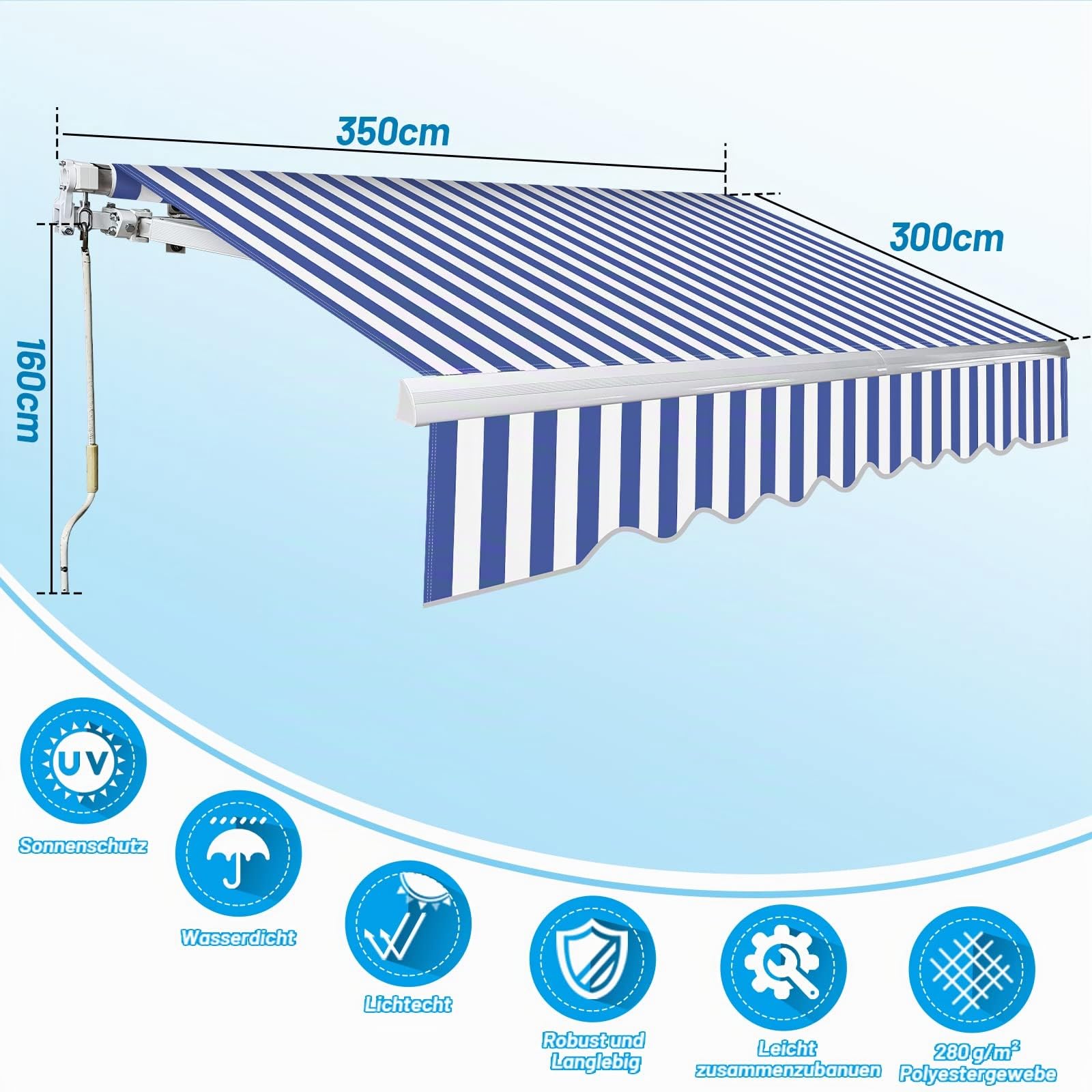 Store Banne Manuel, 350x300cm Bleu-Blanc Store de Terrasse en Aluminium et Polyester avec Manivelle, Auvent Rétractable à Bras Repliable, Angle Réglable 0-30°, Résistant aux UV