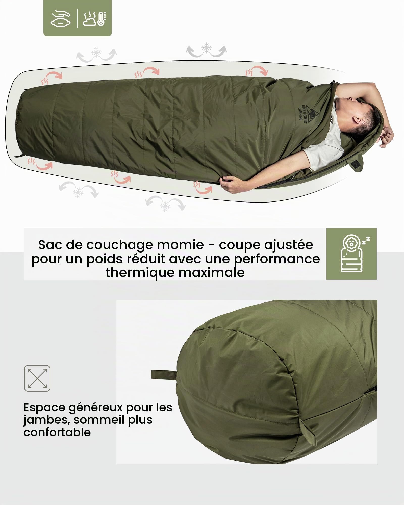OneTigris Sac de couchage d'extérieur - Petit format une fois replié - 3 saisons - 8 °C à 15 °C - Ultra léger et compact - Pour camping, voyage, randonnée - Vert