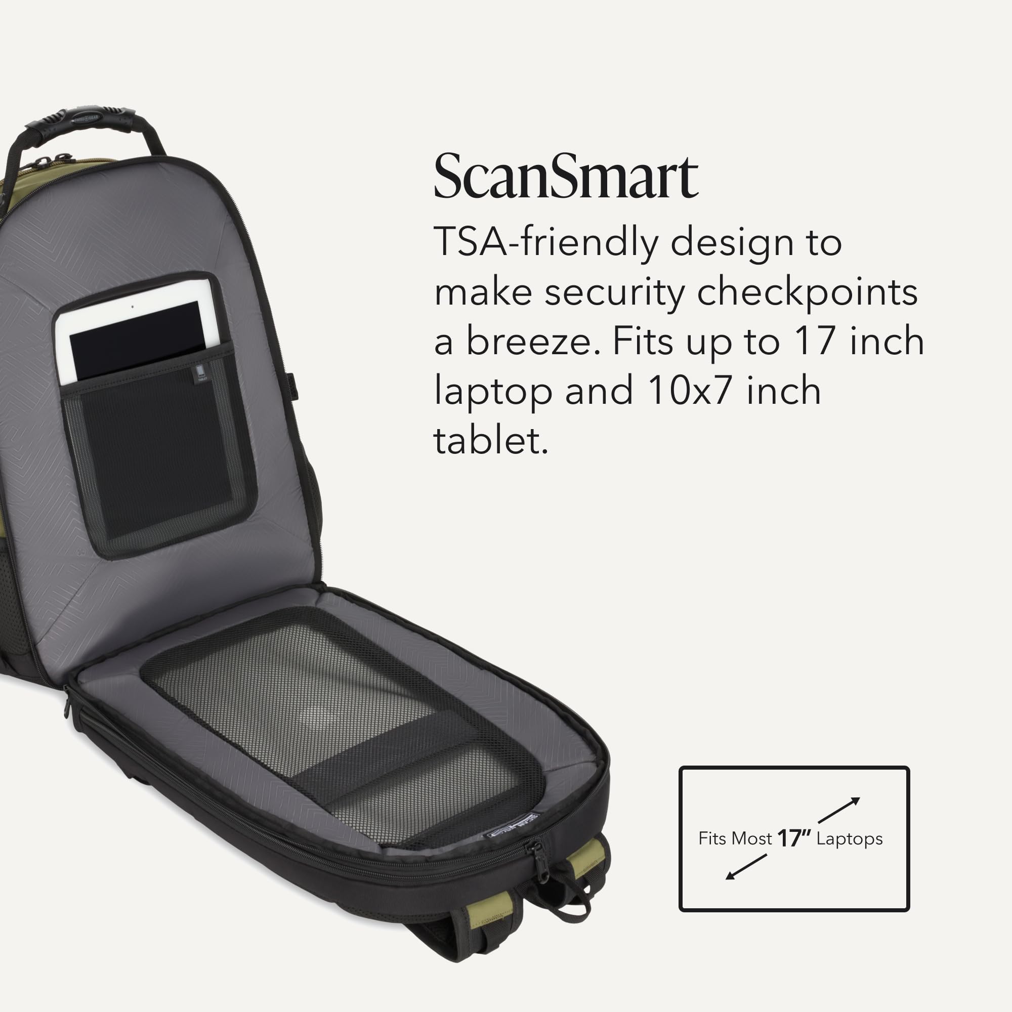 SWISSGEAR 1900 ScanSmart Laptop Backpack, Fits Most 17-Inch Laptops, TSA-Friendly Lay-Flat Design, RFID Protection, and Tablet Pocket, Black, 31L, 18.5-Inch view 3