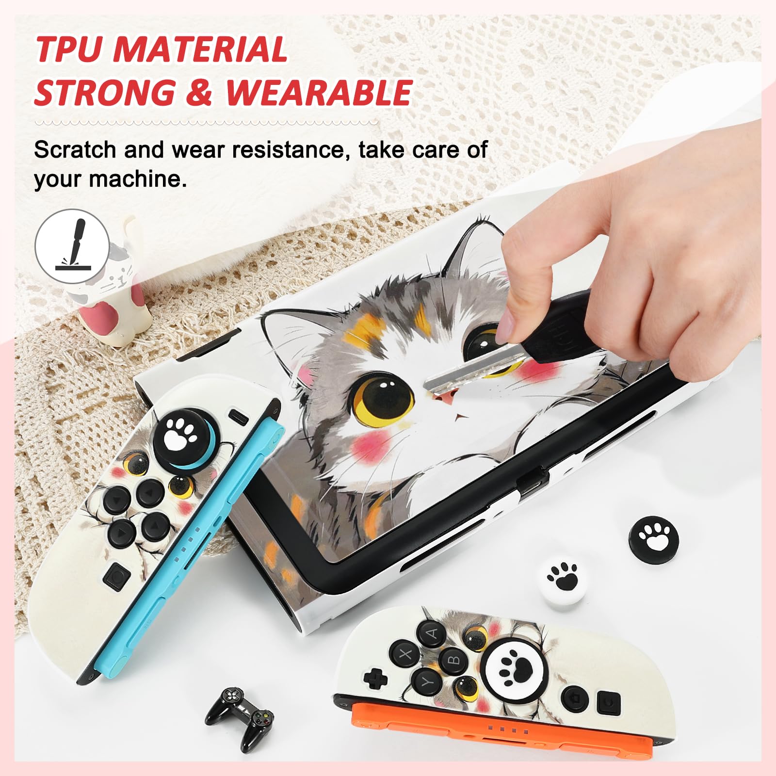 DLseego Schutzhülle für Switch 2,Andockbare,Kratzfeste Hartschale mit Niedlichem Katzenmuster,Stoßdämpfende Schutzhülle mit 2 Weichen Griffabdeckungen und 4 Daumengriffkappen,Weiß - 5