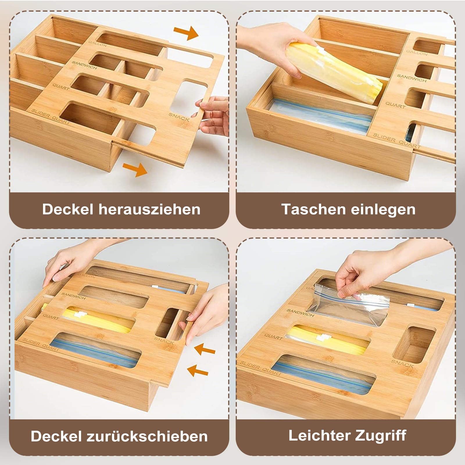 5-in-1 Bambus Ziplock Beutel Aufbewahrungs Organisator, für Lebensmittelbeutel, für Gallonen, Quarts, Sandwich und Snackbeutel, Natur