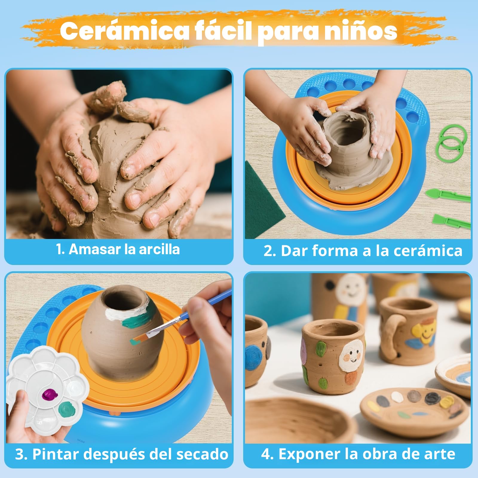 TingingYuli Plato de alfarería para niños, juguete artístico y de manualidades para de 8 a 12 años, regalos de cumpleaños para niños y niñas de 6, 7, 8, 9, 10, 11, 12 años (Amarillo/azul)