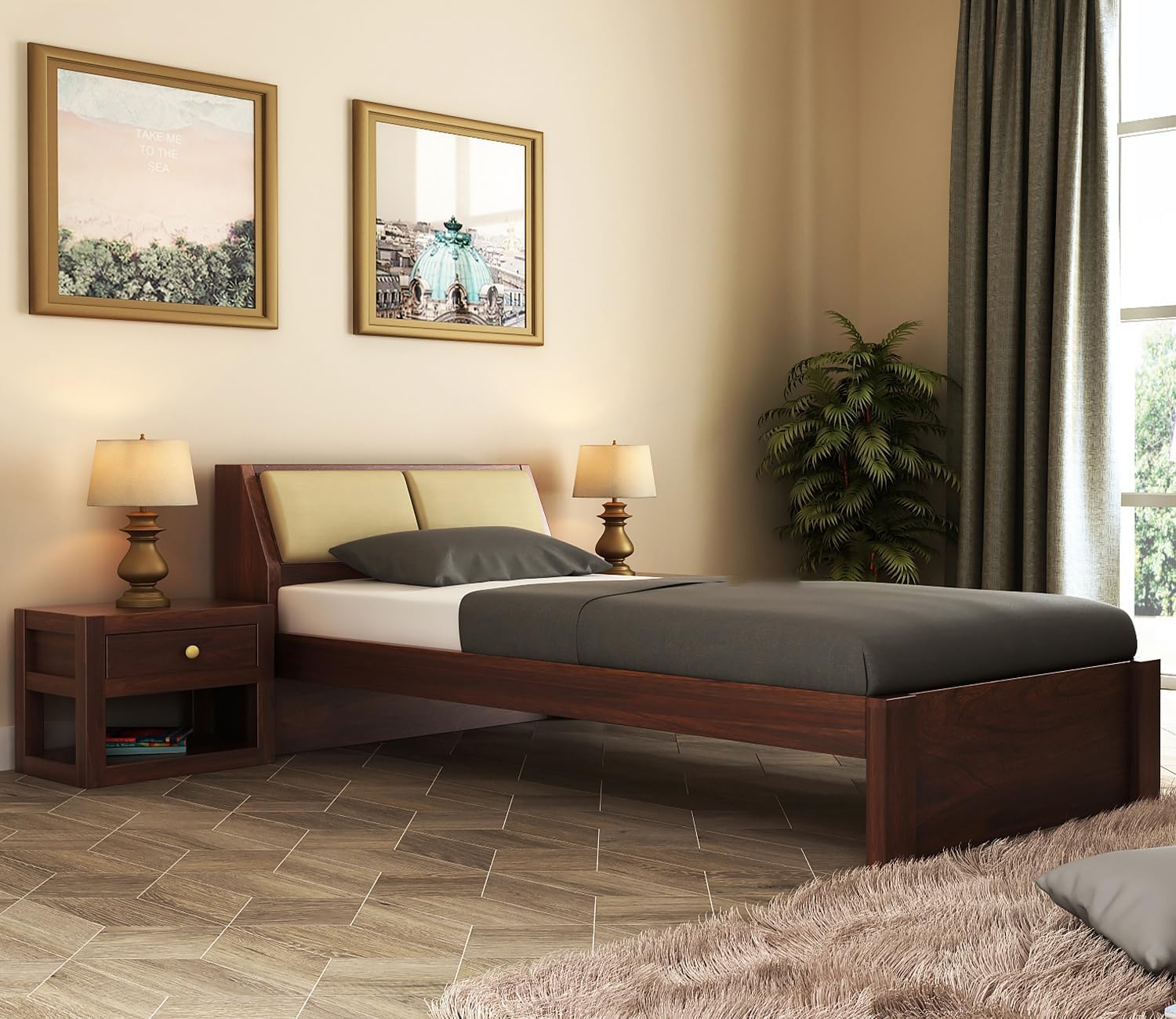 RENEWITURE Solid Sheesham Wood Single Bed Without Storage Wooden Single Size Cot for Bedroom Single Diwan for Home Living Room (Walnut Finish)