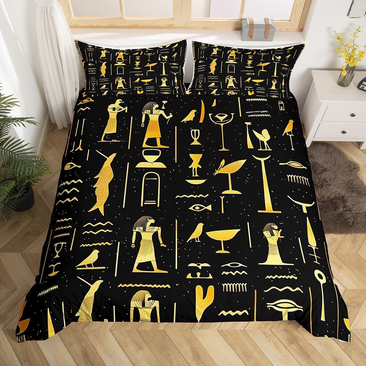 Feelyou Ancient Egypt Comforter Cover Set Egyptian Symbol Duvet Cover Vintage Pharaoh Pyramid Bedding Set Boho Tribal Quilt Cover 2 Pillowcases King Size