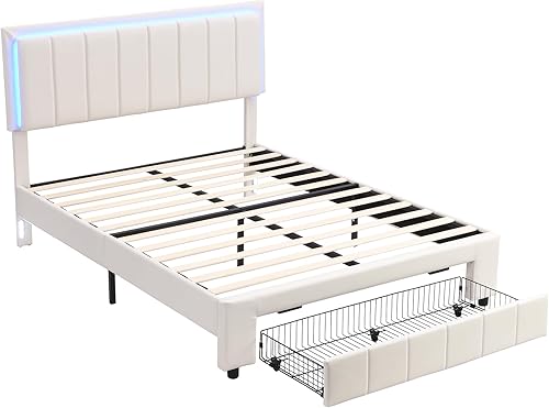Miniatura 55 de Base de cama flotante tamaño Queen con luces LED y carga USB, marco de cama LED de plataforma tapizada moderna, no necesita somier (blanco-1)