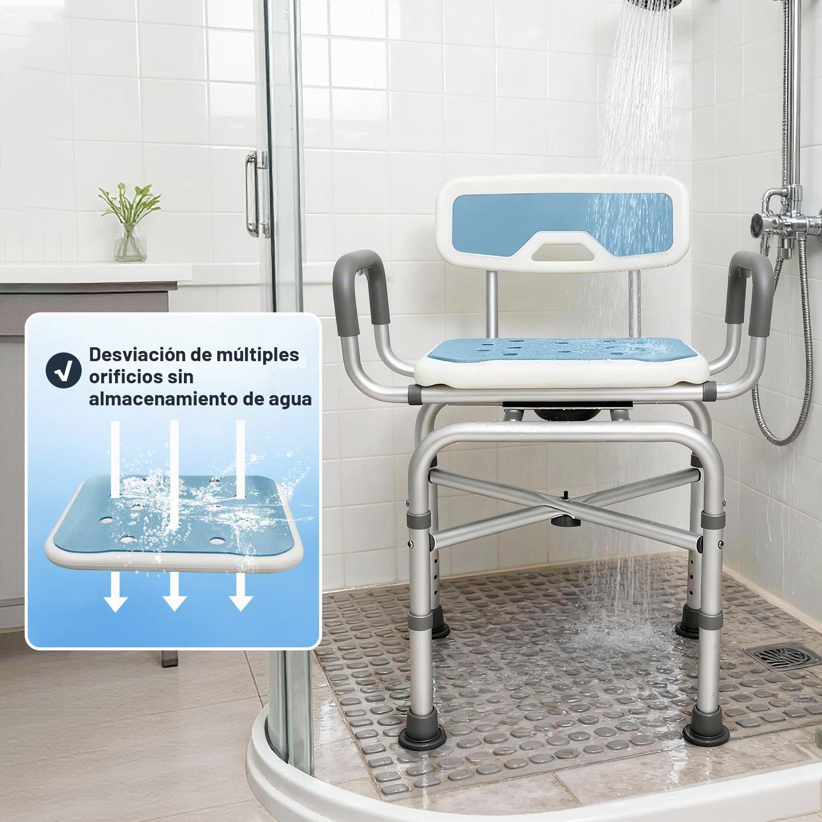 Silla de Ducha para Seniors, Taburete de Ducha con Respaldo, Asiento de Ducha para Embarazadas, Altura Ajustable, Ayuda de Ducha con pies Antideslizantes