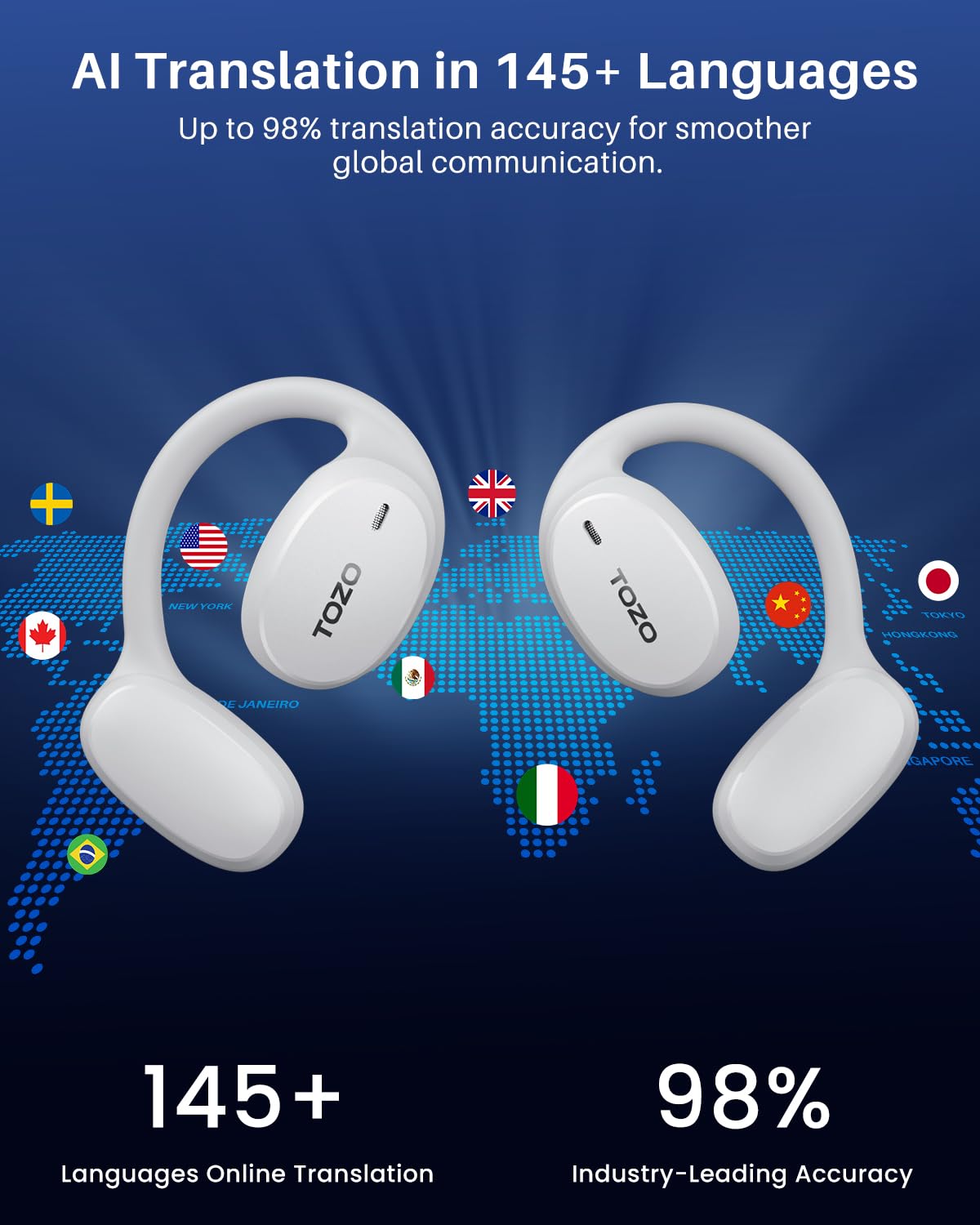 Real-Time AI Translation Earbuds White 80H Playtime - Dettaglio