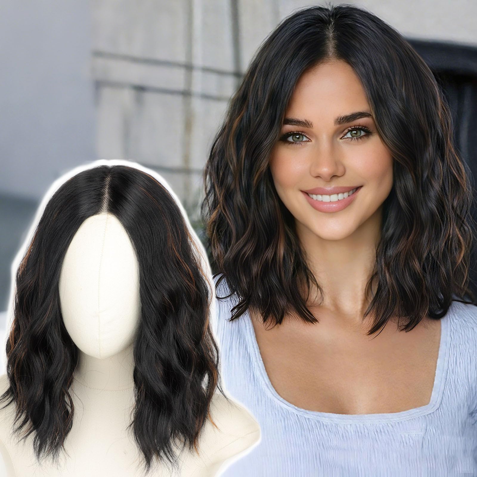 AISI HAIR 14 Inch Black Mix Brown Wigs for Women - Shoulder Length Wave Wig with Pre-Cut Lace Hairline, Middle Part Natural Wavy Bob Synthetic Heat