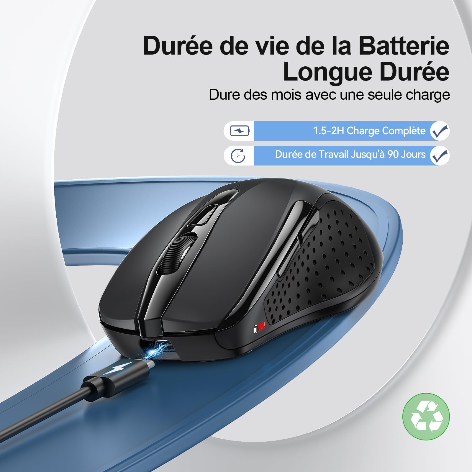 TECKNET Souris Bluetooth sans Fil Rechargeable Silencieuse 3 Modes 4800 DPI Ergonomique Noir