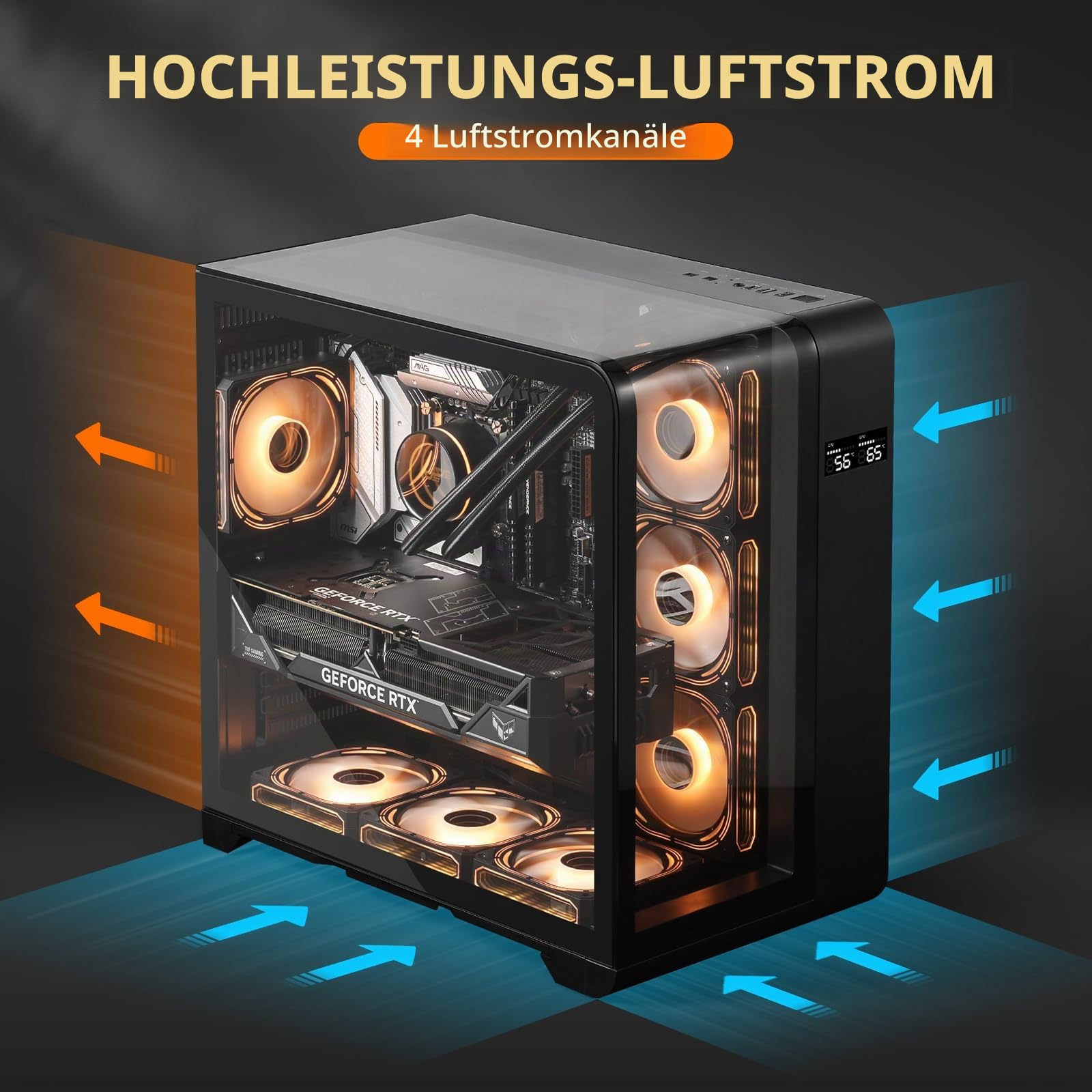 darkFlash ATX Mid-Tower PC-Gehäuse mit Bildschirm, DREI Seiten Glas, gebogenes Full View Dual Gaming PC Gehäuse, 4 PWM ARGB Lüfter, Computergehäuse vorinstalliert, Typ C, RTX 40 kompatibel, Schwarz