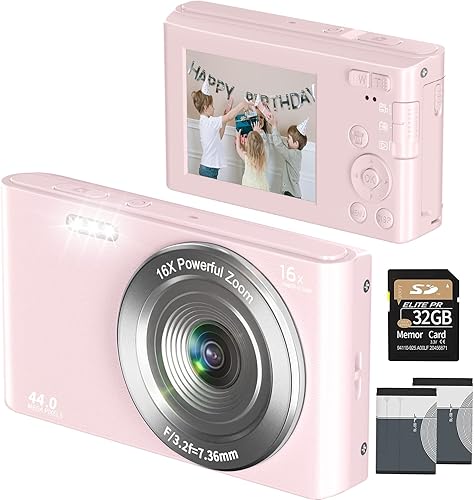 VJIANGER Cámara digital 4K 44MP con tarjeta SD de 32 GB, cámara de punto y disparo de 2.4 pulgadas con zoom digital 16X, mini cámara compacta para