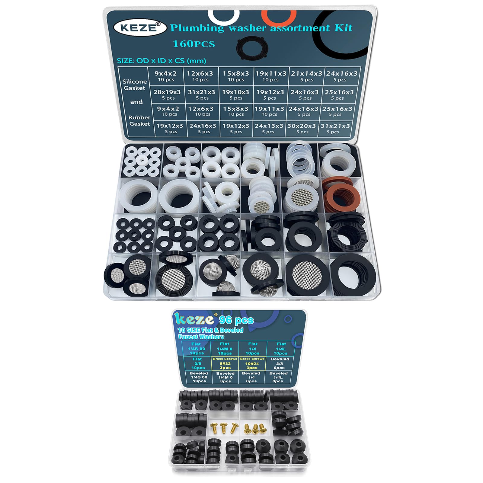 KEZE 160 PCS 24 Sizes Silicone Gasket Seals Kit and 96 PCS 10 Size