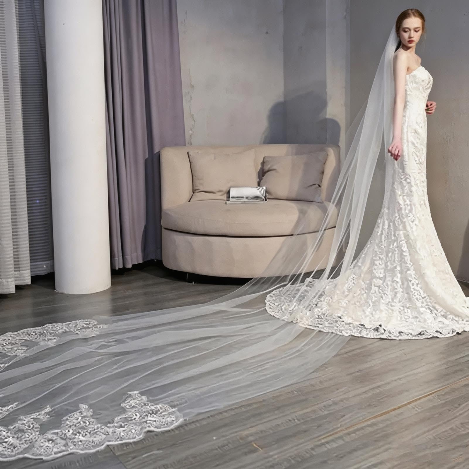 Velo da Sposa in Stile Chiesa con Bordo in Pizzo, Accessorio per Matrimonio, Lungo 300 Cm, con Pettine per Capelli, Adatto A Spose E Ragazze(White)