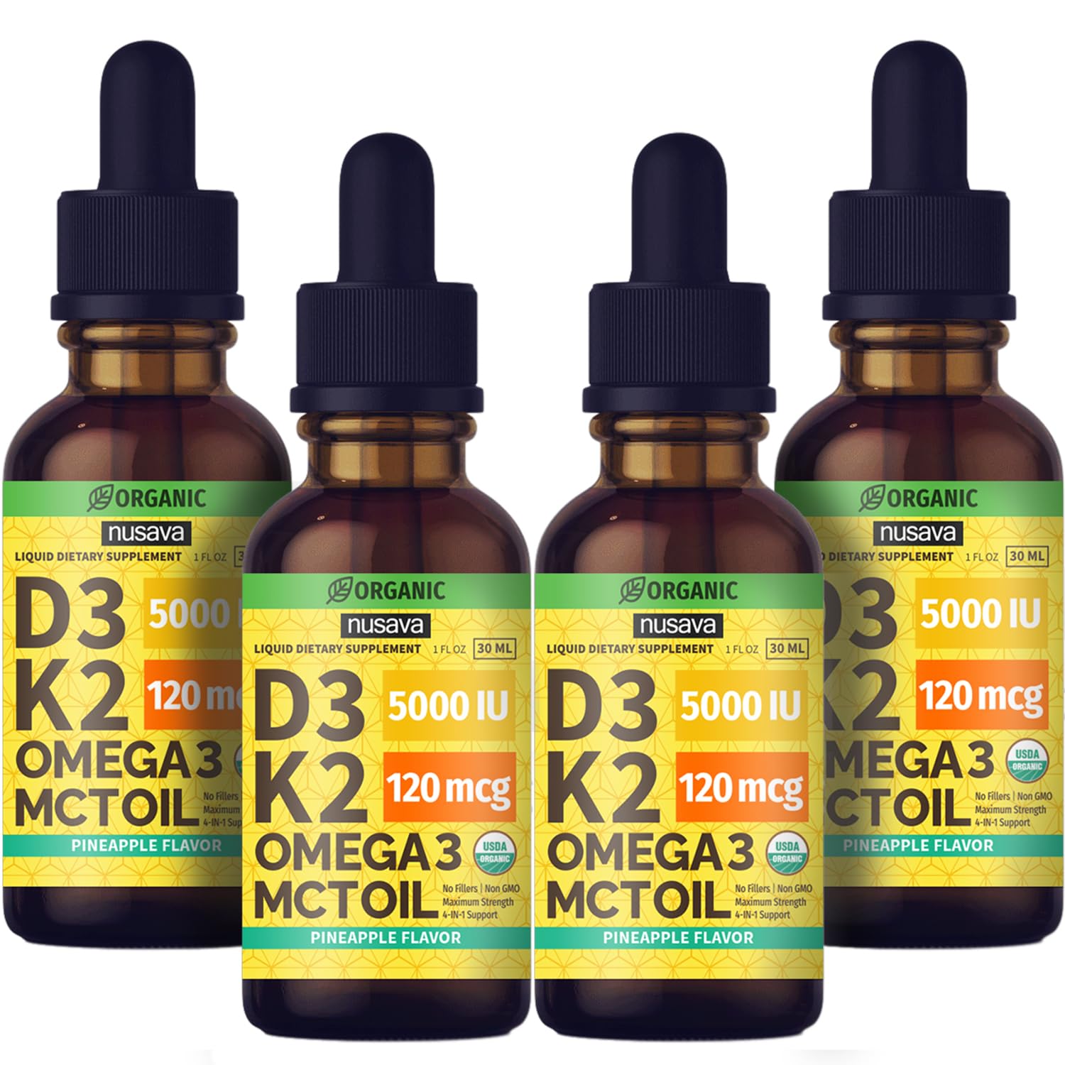 (4 Pack) Organic Vitamin D3 K2 Drops with MCT Oil Omega 3, Maximum Strength Vitamin D Liquid 5000 IU, No Fillers, Non-GMO Liquid D3 for Faster Absorption and Immune Support (Pineapple, 4 Fl Oz)USDA Organic