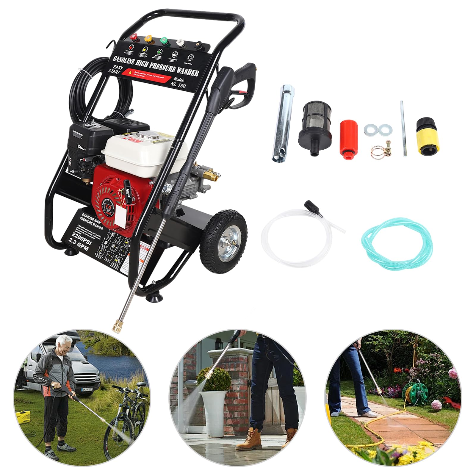 Limpiador a presión de gasolina de 7,5 CV, 2200 PSI, 3400 rpm, 5 boquillas, manguera reforzada de 10 m, depósito de detergente de 5 litros, potente limpiador de gasolina de 4 tiempos para limpieza