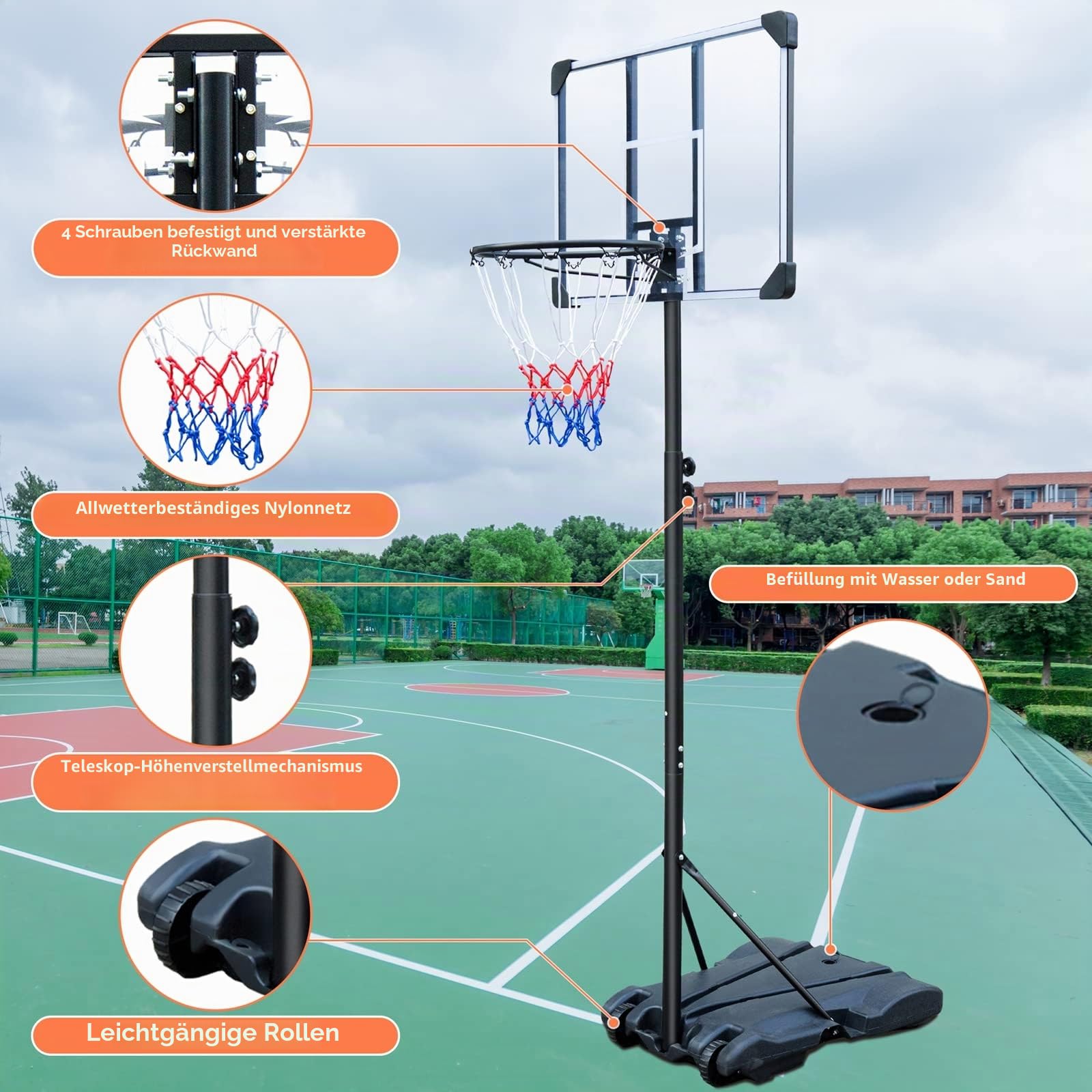 HIONRE Tragbarer Basketballkorb Basketballständer verstellbar 165-213 cm Schwarz