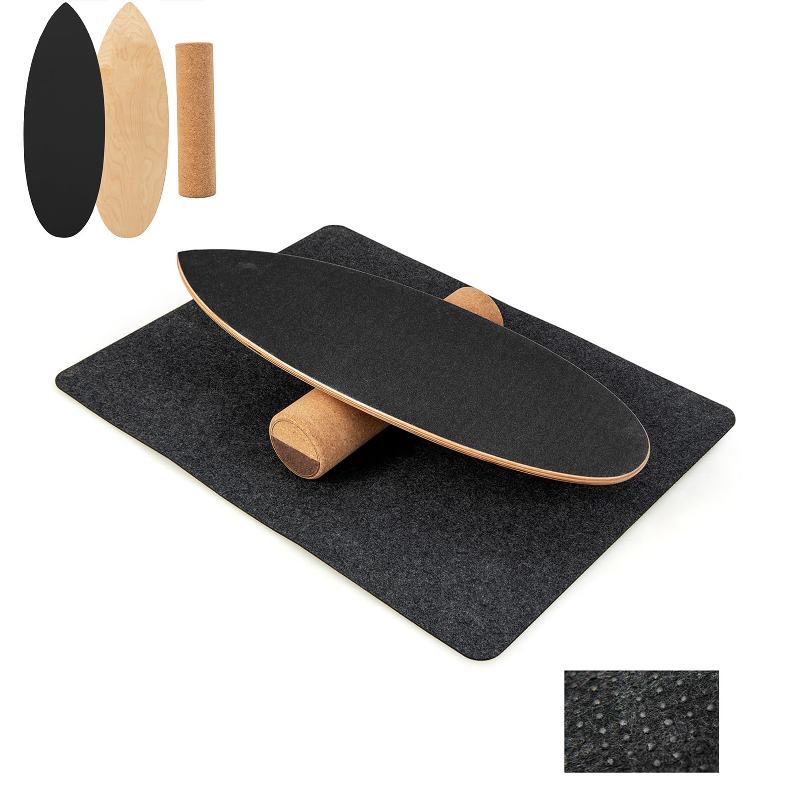 GYMAX Balance Board aus Holz, 15 mm BalanceBoard mit 10mm Korkrolle & rutschfeste Matte aus Filz, Indoor Surfboard, Wackelbrett, Gleichgewichtsboard für Kinder & Erwachsene
