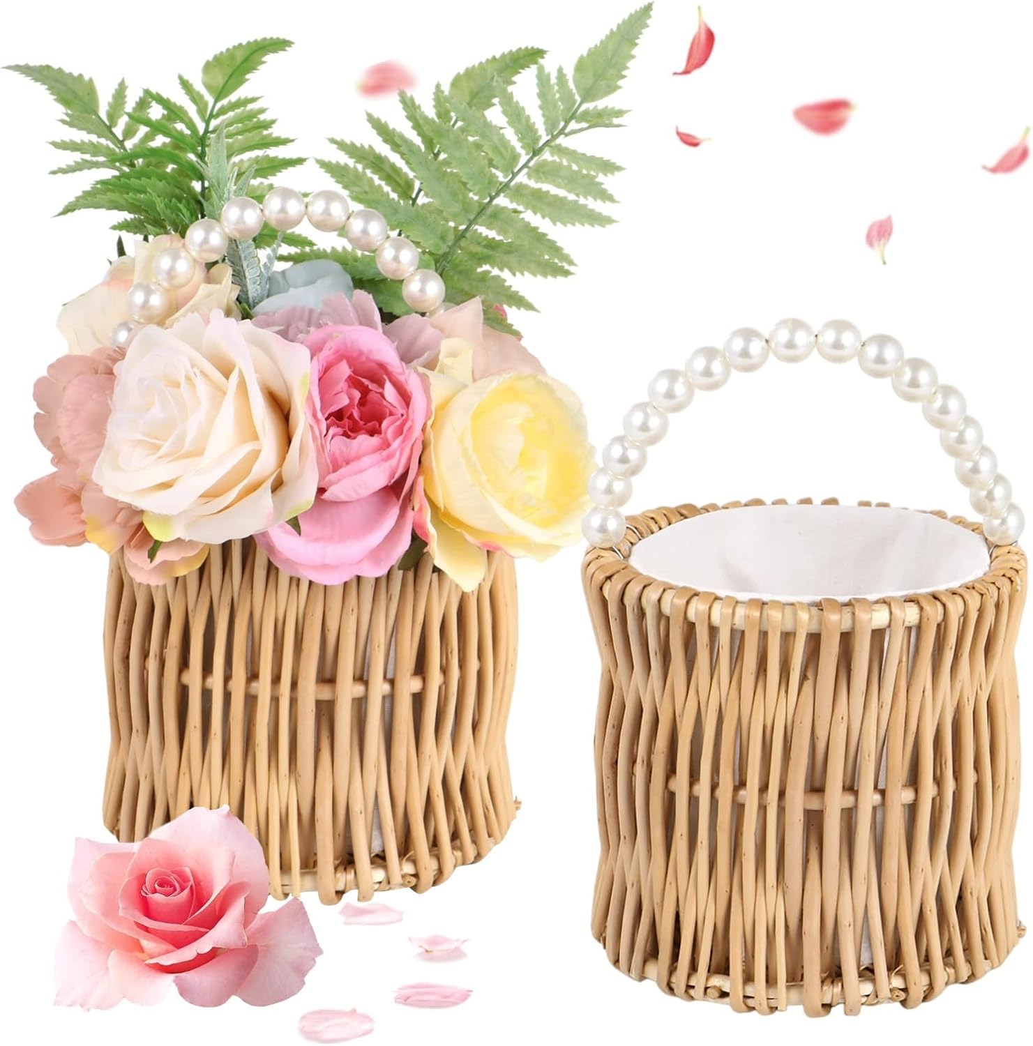 Women'S Handwoven Rattan Bag, Flower Baskets With Pearl Handle, 2 Pcs Flower Girl Baskets, Handwoven Rattan Baskets