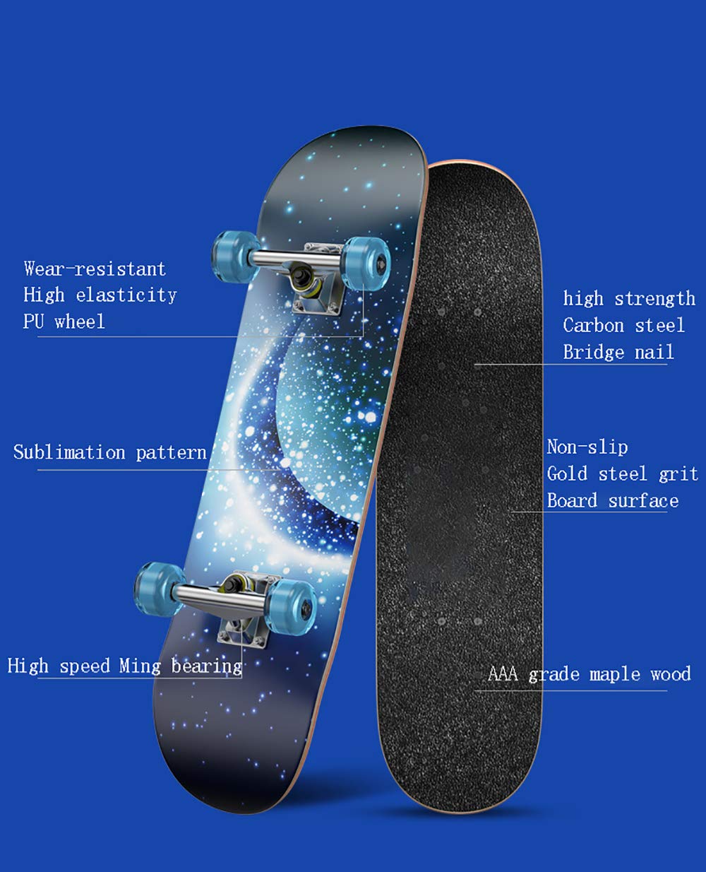 AAA Legno d'Acero Skateboard Completo, 30 * 8in PU Resistente Usura Ruota+ABEC-7 Muto Cuscinetti carico330 lb, per Adulti e Bambini,