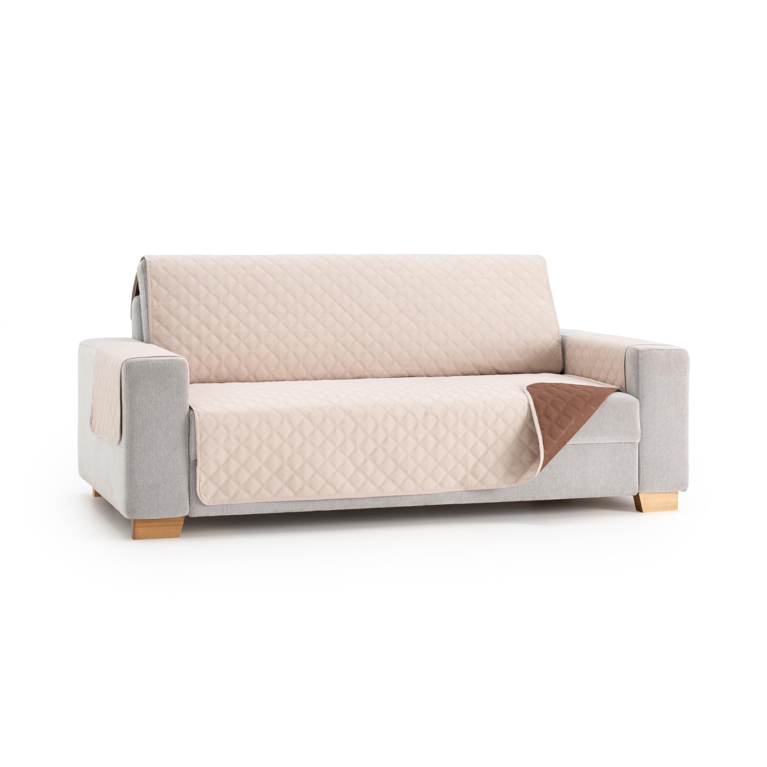 MAXIFUNDAS | Cubre Sofá Acolchado Reversible | 4 Plazas | Beige/Marrón | Cubre Protector Sofá con Tiras Elásticas de Sujeción | Modelo MAUI OEKO-TEX STANDARD 100