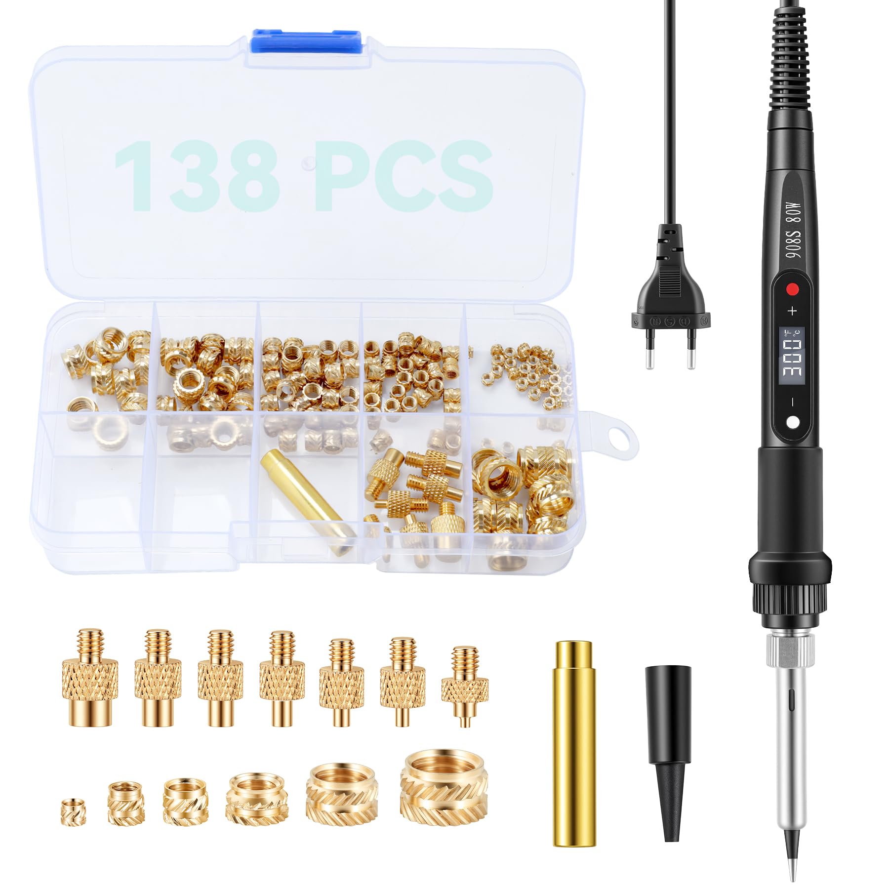 138 Pièces d'inserts Filetés, jeu de Pannes à souder, fer à souder LCD réglable 80W pour inserts filetés, écrous à souder M2 M2.5 M3 M4 M5 M6 M8, compatible avec les imprimantes 3D