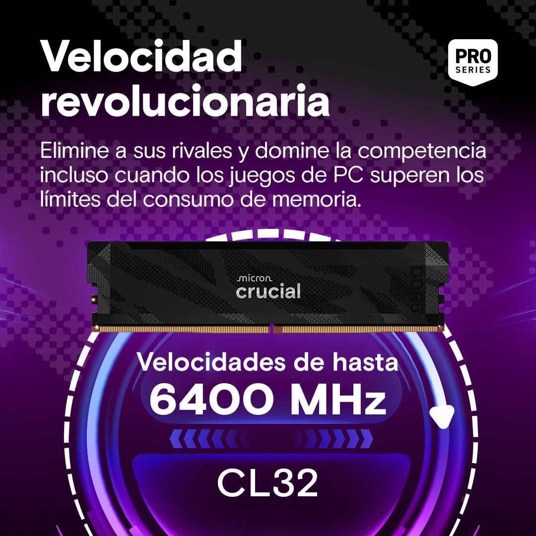 Crucial Pro RAM DDR5 32GB (2x16GB) 6400MHz CL32, Overclocking Gaming, Memoria de Ordenador de Sobremesa, Intel XMP 3.0 / AMD Expo, Negro - CP2K16G64C32U5B