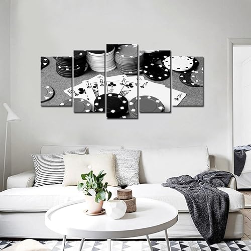 Miniatura 5 de LevvArts - 5 impresiones en lienzo de póquer en blanco y negro, arte de pared para decoración de pared de pub, bar, casino, estirado y enmarcado,