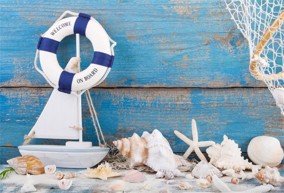 AOFOTO 7x5ft Nautical Style Backdrop Mariner Seafaring Photography Background Wood Board Ship Life Buoy Starfish Seashell Boat Kid Sailor Baby Boy Child Artistic Portrait Photo Studio Props Wallpaper