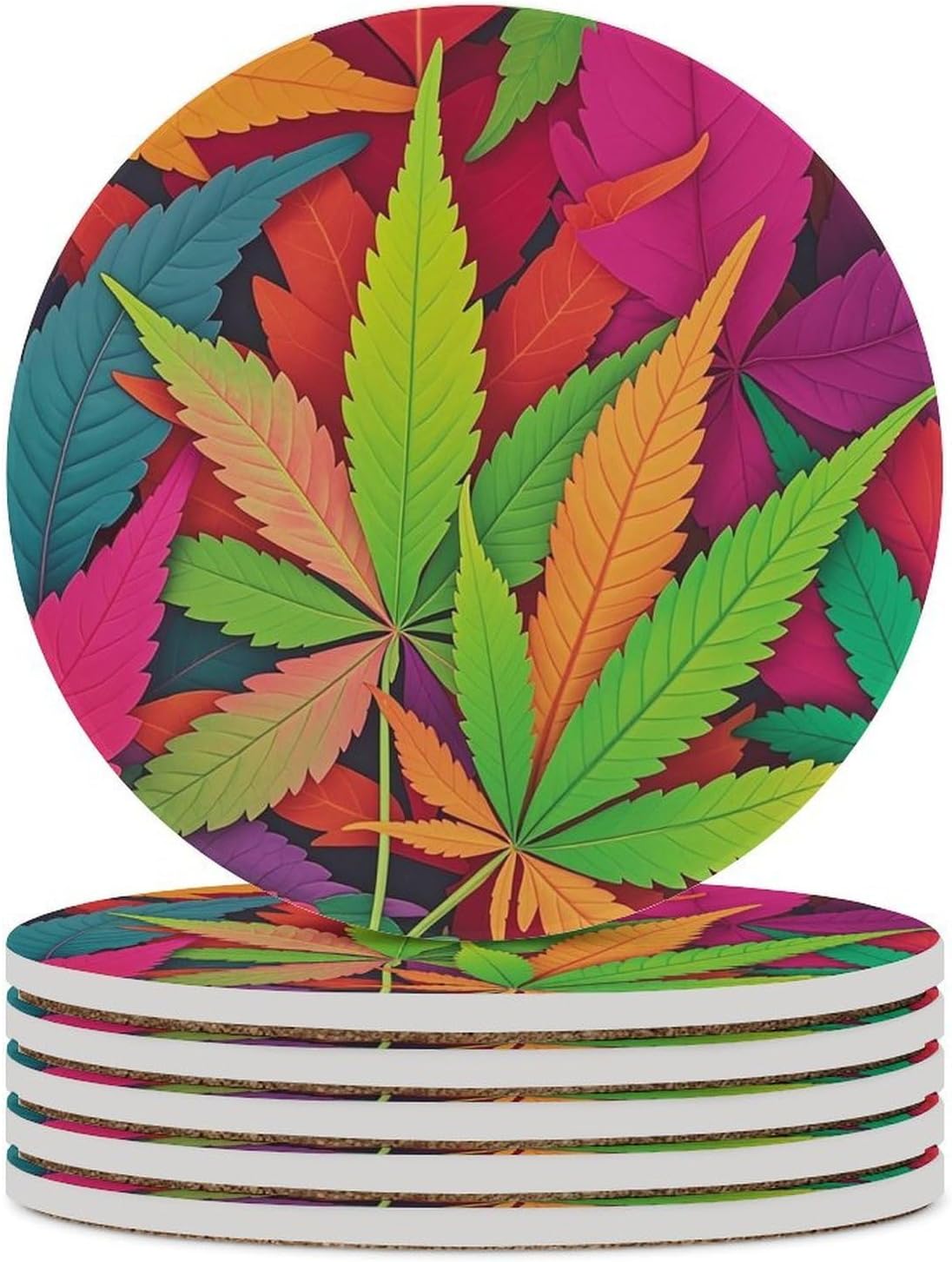 6PCS Multicolor Leaf Weed Art Coasters Non-Slip Round Drink Coasters with Ceramic Stone and Cork Base, Heat Resistant Absorbent 33.00Stone Coaster Set for Kinds of Mugs and Cups, 4 Inch