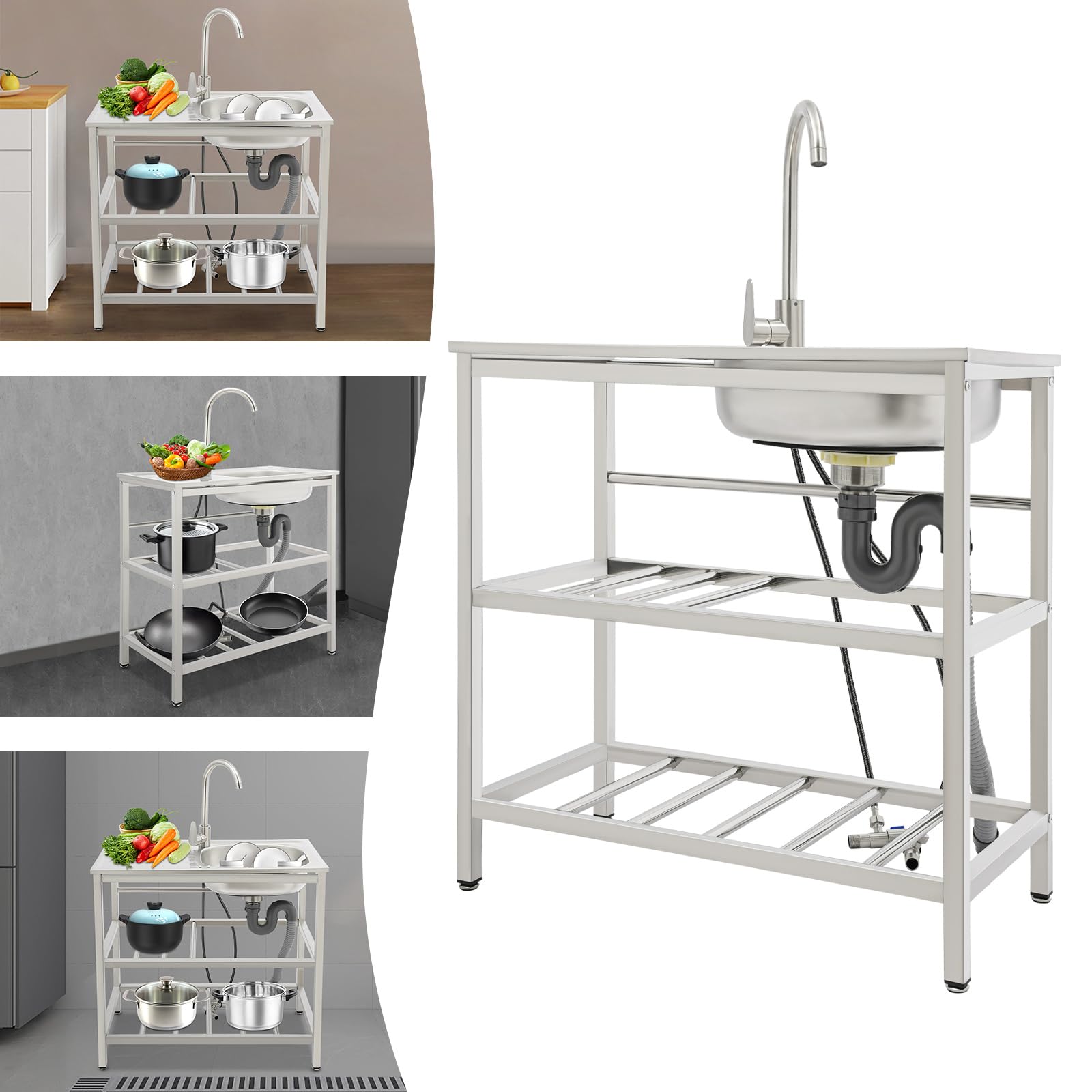 DIFU Edelstahl Spültisch 75x40x78cm Freistehende Spüle mit Unterschrank, Garten Camping Outdoor Spüle Freistehende Küchenspüle Commercial Mobile Multifunktionswaschtisch mit Plattform & Armatur