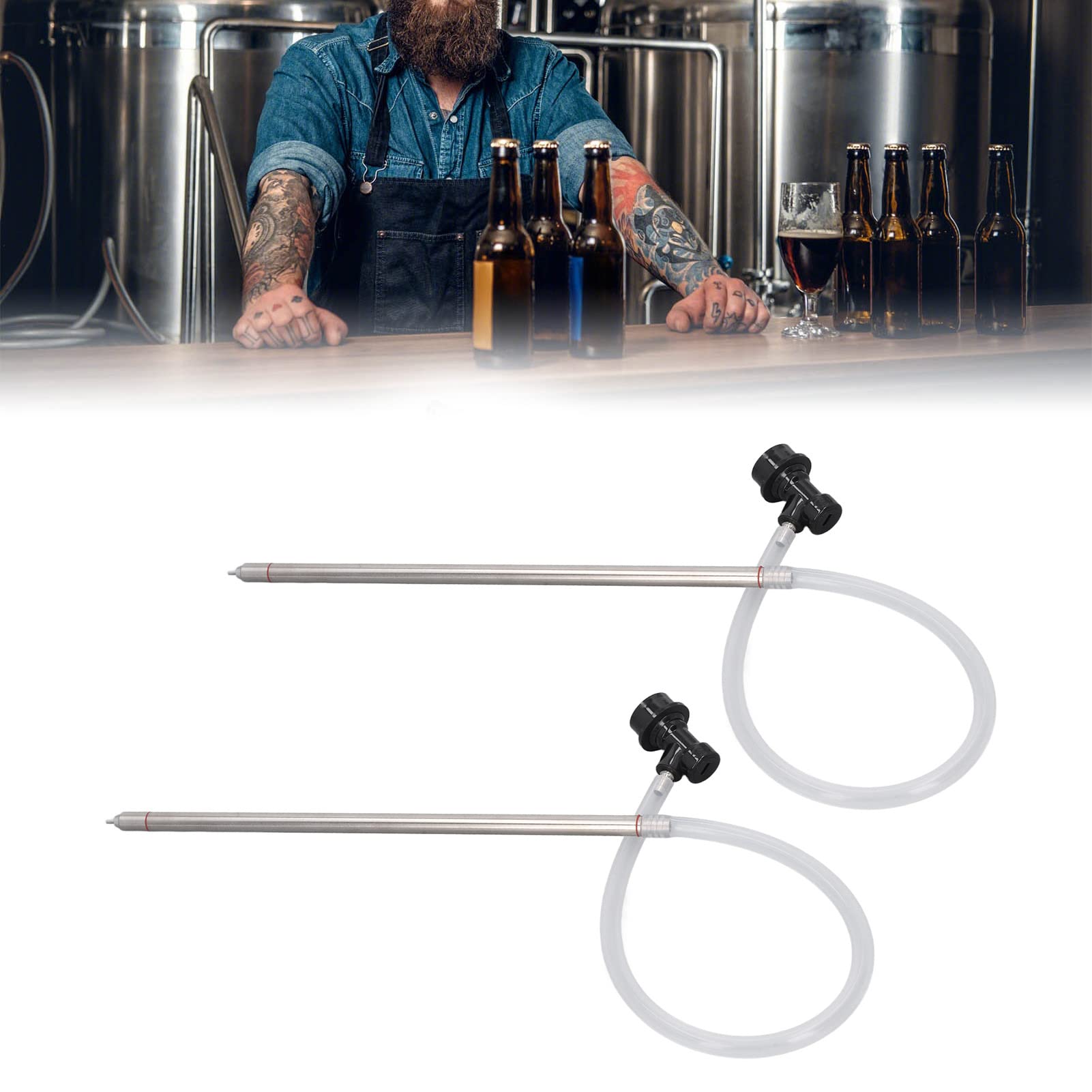 2 Set Flaschenfüller, Bierflaschenfüller, Edelstahl Federbeladener Canning Typ Füllstab mit 3/8 Zoll Absperrventil Schlauch Bürsten und Klemme, Abfüllröhrchen Federbelasteter Füller für Bierbrauen