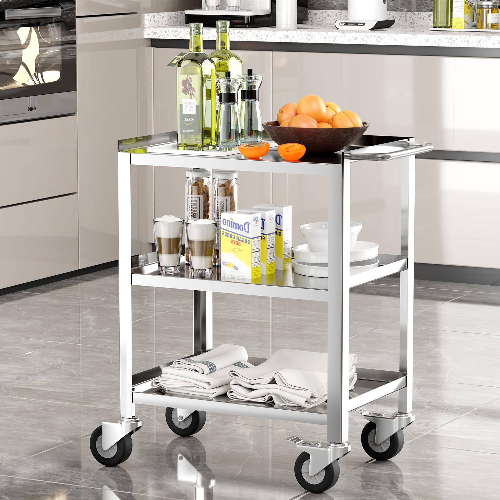 Carrello In Acciaio Inox 3 Ripiani: Robusto, Silenzioso E Perfetto Per Hotel, Cucine E Saloni!