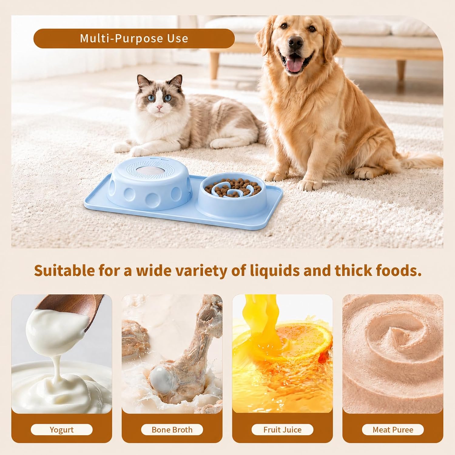 Slow Feeder Dog Bowl and Cat Water Bowl Set, 2 in 1 Pet Food and Water Bowl with Spill Proof Tray, Maze Puzzle Slow Eating Bowl for Cats and Dogs Blue image 4