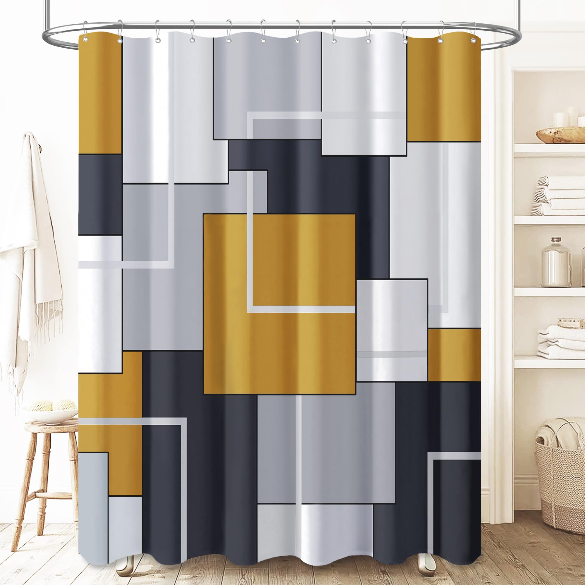 BTTN Gold Fabric Shower Curtain - Geometric Shower Curtain Set with 12 Plastic Hooks, Water Repellent, Machine Washable, Modern Decorative Polyester