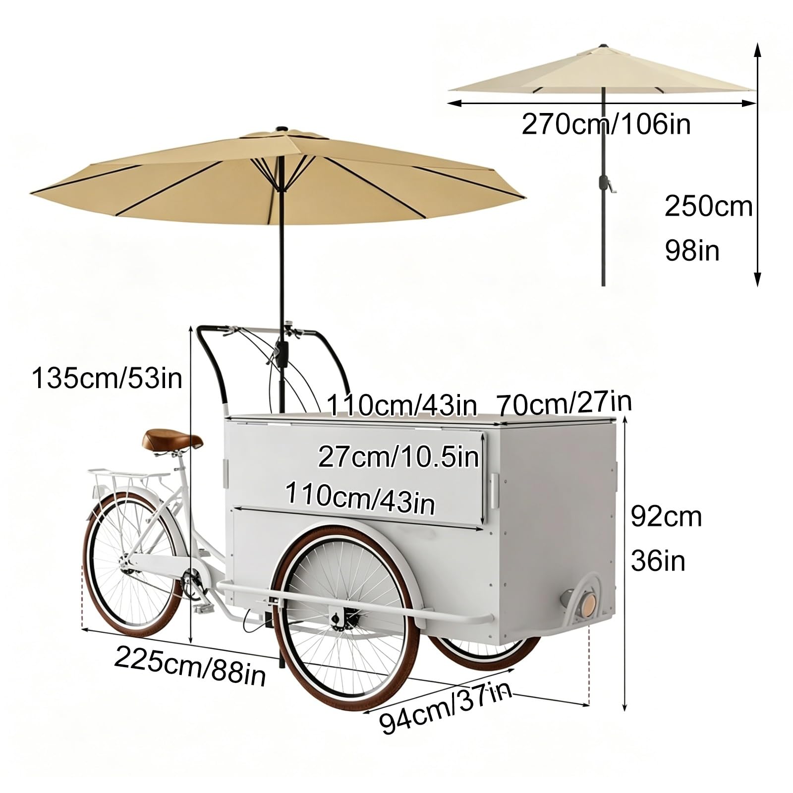 Carretto Portatile per Venditori Bicicletta, Carrello Del Venditore di Cibo con Ombrellone, Ideale Come Banco per Mercati Agricoli o Per la Vendita di Bevande, Pane e Snack Vari(Black)