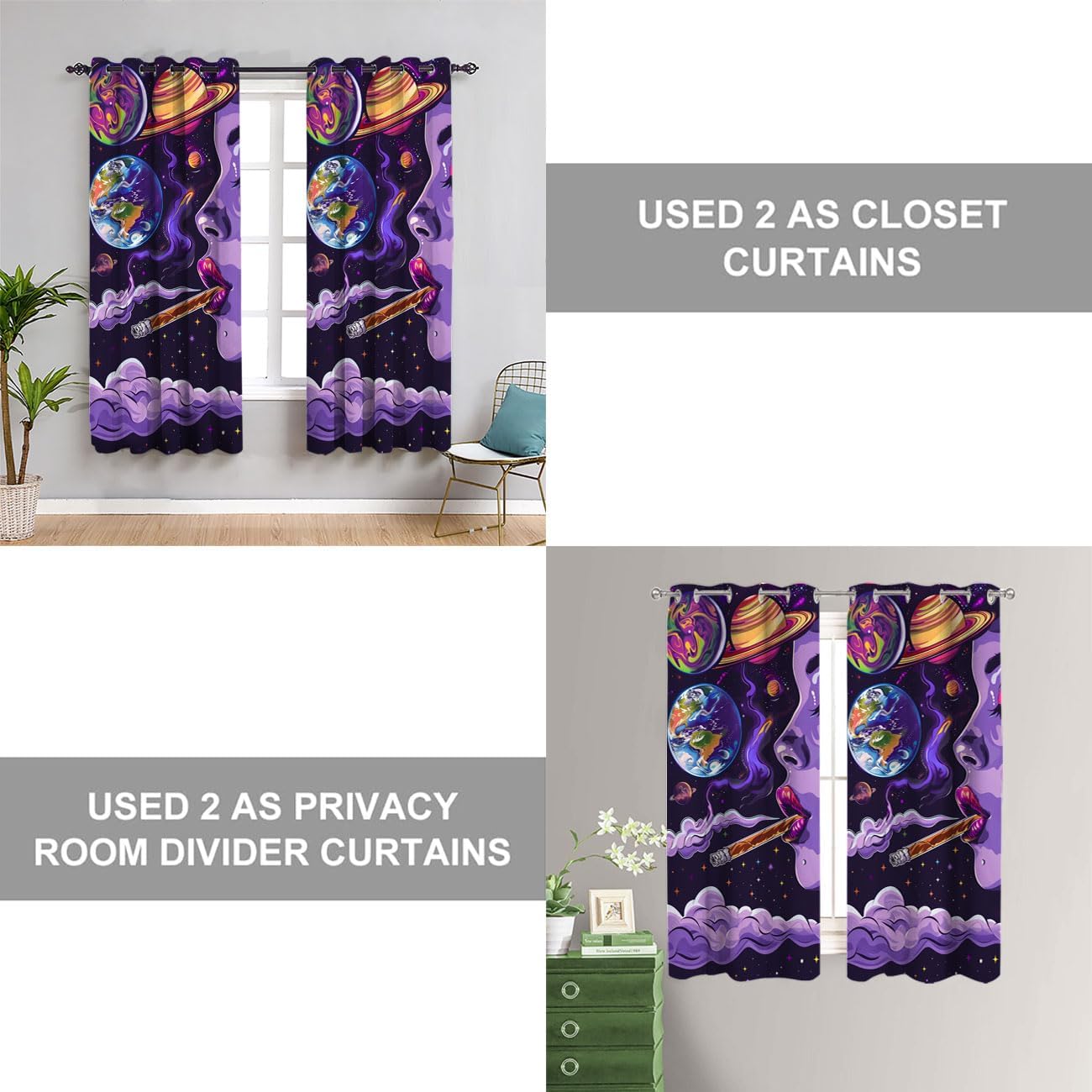 Hippie Doorway Curtain, Anime Cool Aesthetic Trippy Space Room Darkening Blackout Curtain for Privacy Bedroom Doorway Living Room, 1 Panel 34" W X 80" L