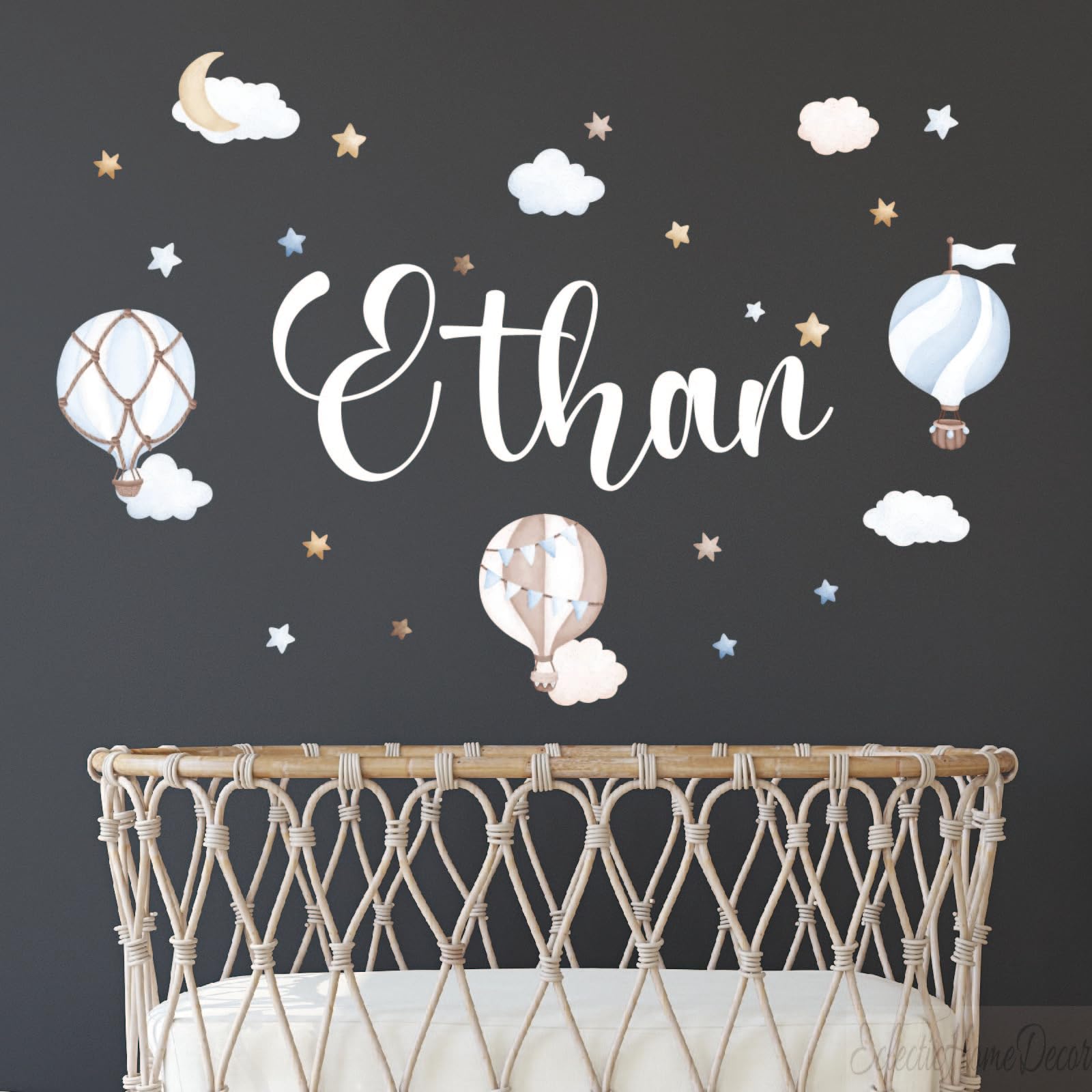 Custom Baby Name Wall Decal - Personalized Hot Air Balloon & Cloud Nursery Stickers