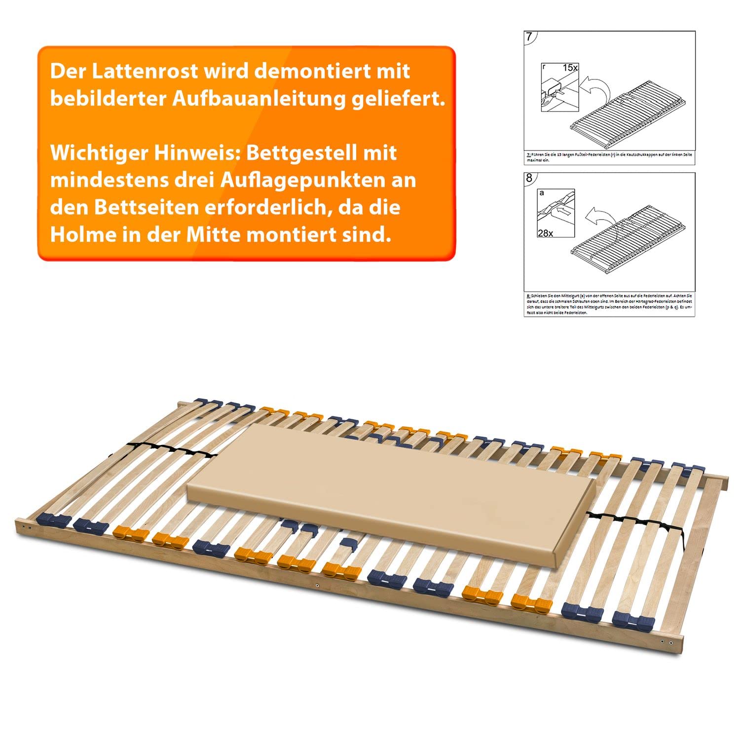 Coemo 7 Zonen Lattenrost MULTIRA - starr, Härtegrad verstellbar, 26 Leisten Lattenroste, Mittelgurt, 90x190 cm, preisgünstiger Bausatz