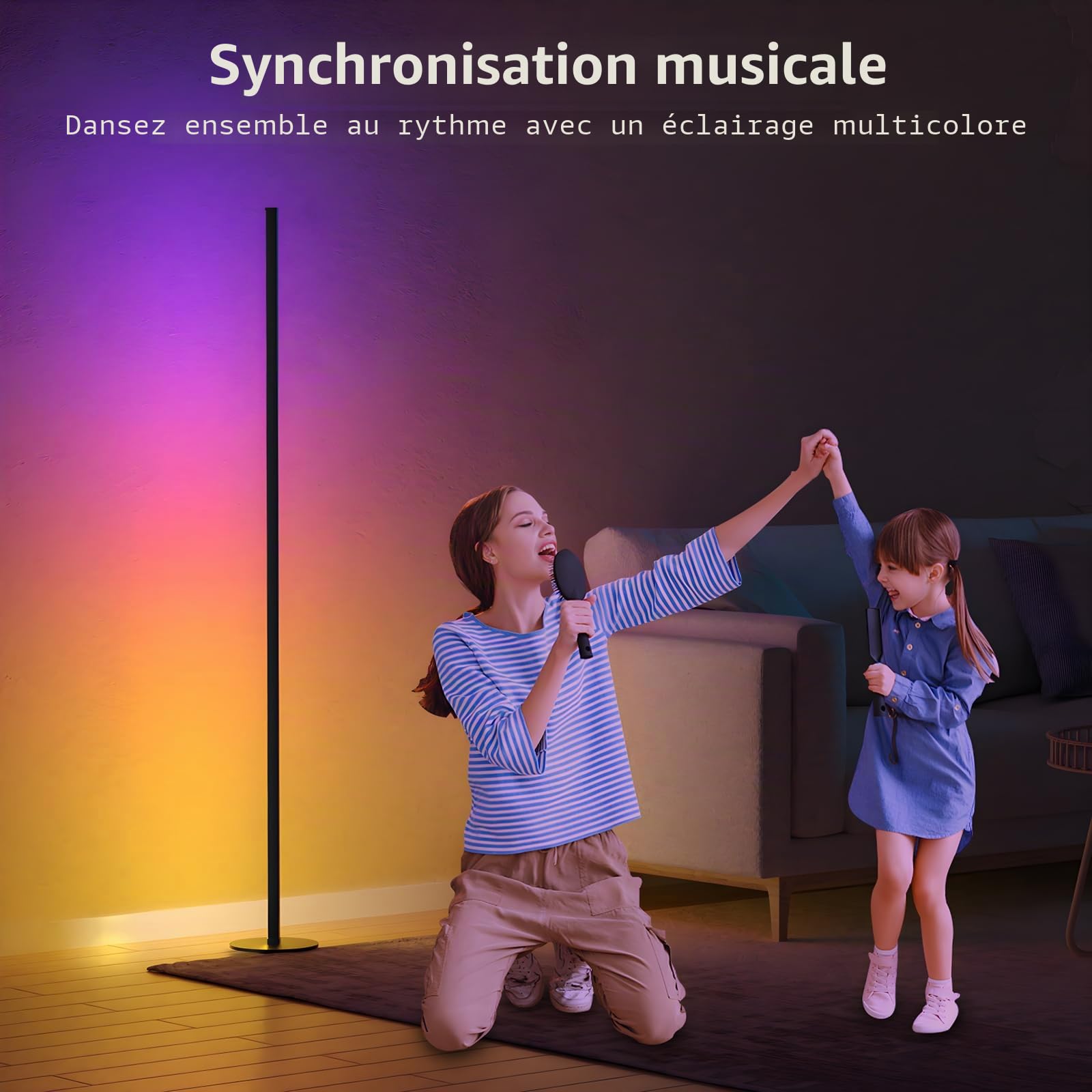 Lot de 2 Lampadaire LED d'Angle, 140cm Lampe sur Pied RGB avec APP et Télécommande,16 Millions Couleurs, Musique Sync et Temporisation, Lampe d'Ambiance Moderne pour Salon, Chambre et Décoration Fête