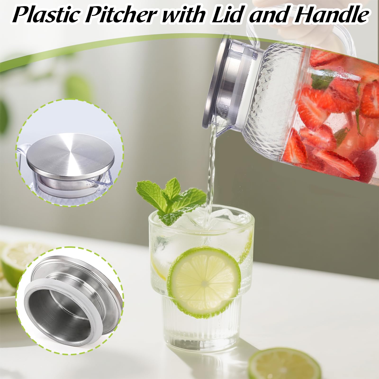 Confezione da 2 brocche in plastica da 2 litri con coperchio e manico, senza BPA, trasparente, non versano, per cocktail, succhi di frutta, acqua calda/fredda, tè, caffè, latte