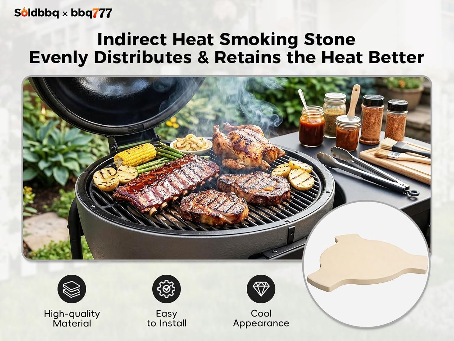 Smoking' Stone Heat Deflector for Large Big Green Egg and Char-Griller 6201, Heavy Duty Ceramic Pizza Stone for Char-Griller AKORN Kamado Models 06620,16620, 26720, 56720 and 6520,17 1/2-inch