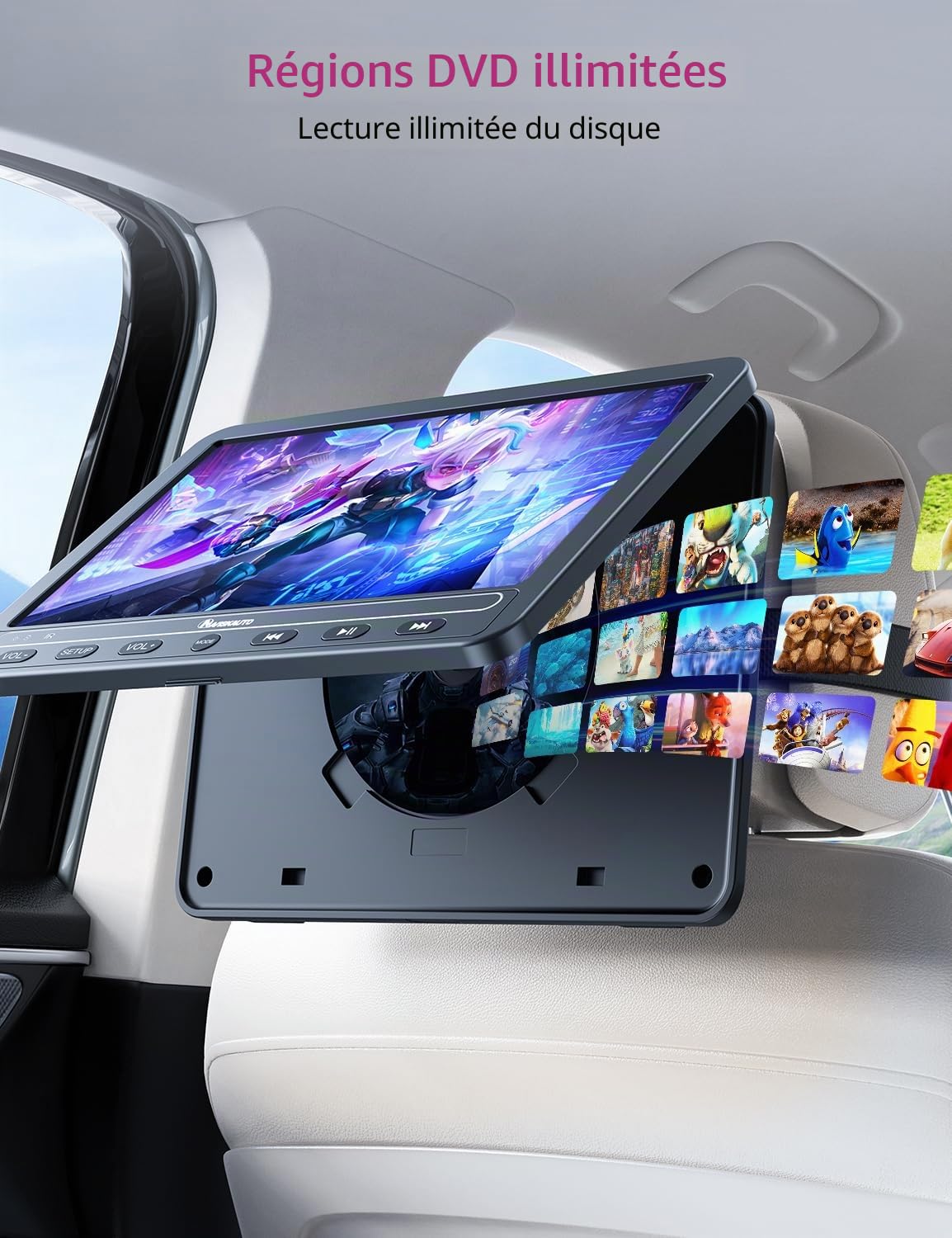 Lecteur DVD portable pour voiture 10,5" GOnavidio avec entrée HDMI, batterie rechargeable intégrée, lecteur DVD de voiture compatible avec carte USB/TF