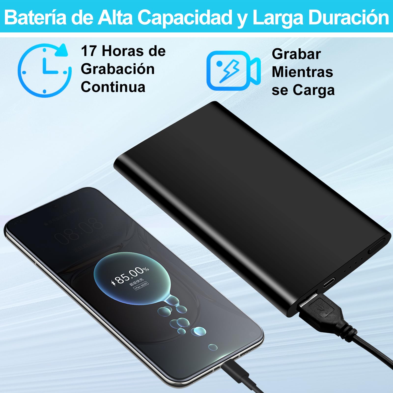 TANGMI Mini Camara Espia Bateria Externa 1080P HD 17h | Vision Nocturna, Deteccion Movimiento, Grabacion Bucle, SD 128GB, Portable, Carga Movil