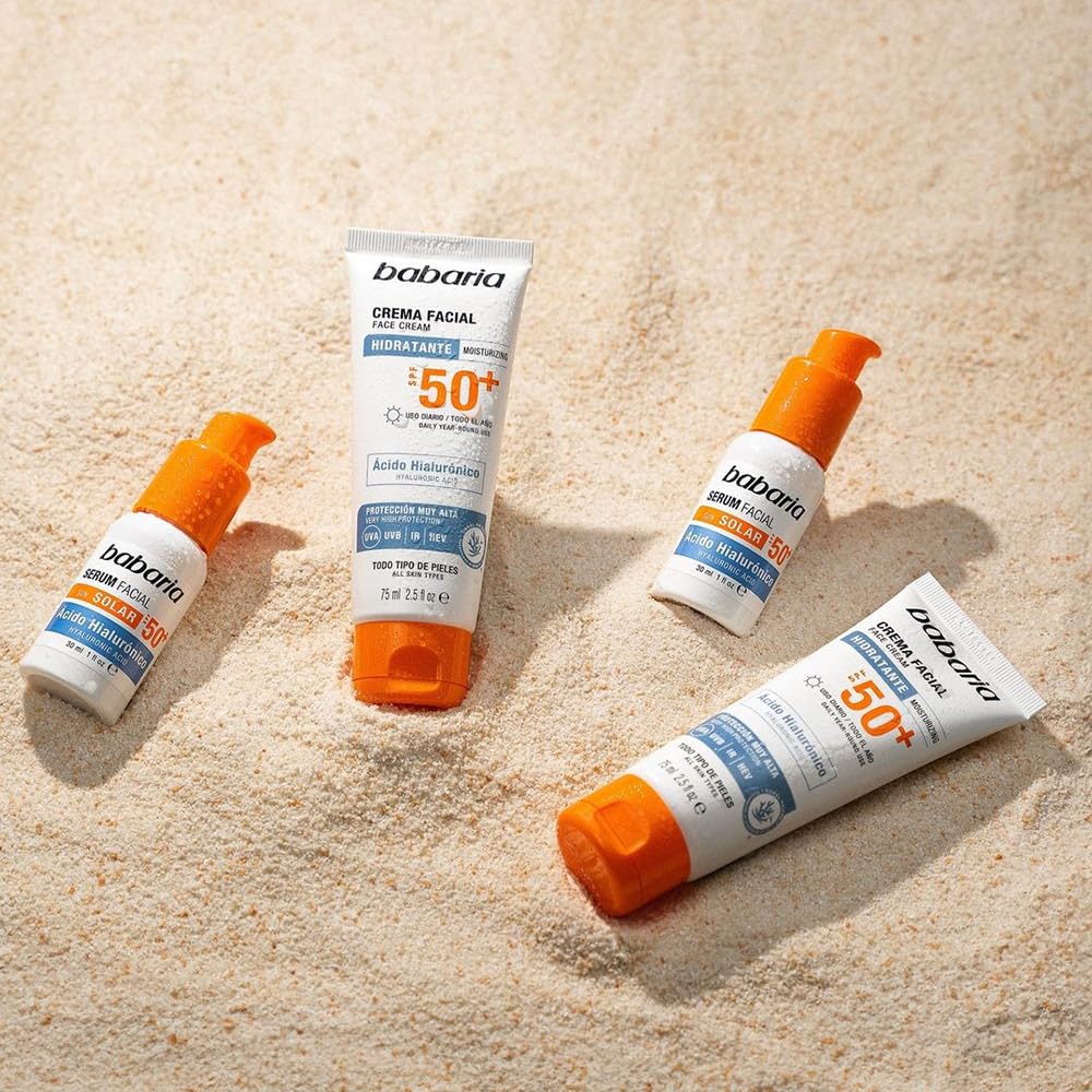 Babaria Crema Solar Facial SPF50+ con Ácido Hialurónico 75 ml – Hidratante, Antiarrugas y Antimanchas | Protector Solar 50 Facial UVA UVB e Infrarrojos