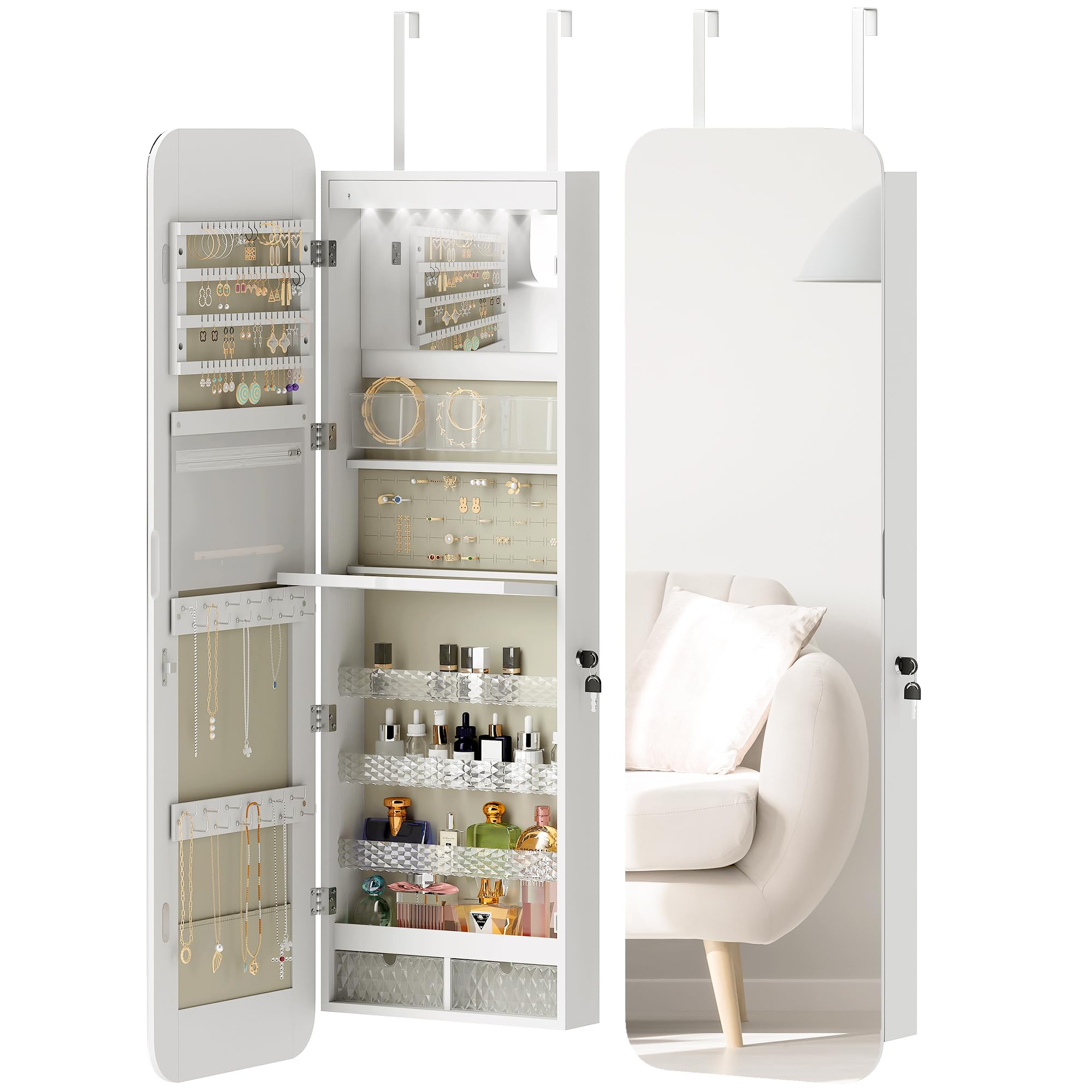 HOMCOM Espejo Joyero con Luz LED, Armario Joyero Montado en la Pared o en la Puerta, Armario para Joyas con Cerradura, Espejo Entero sin Marco, 2 Cajones, para Regalo, 37x10x120 cm, Blanco