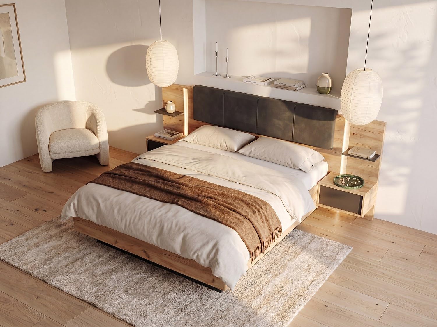 Vente-unique - Lit avec chevets 160 x 200 cm - avec LEDs - Coloris : Naturel et Anthracite - ELYNIA