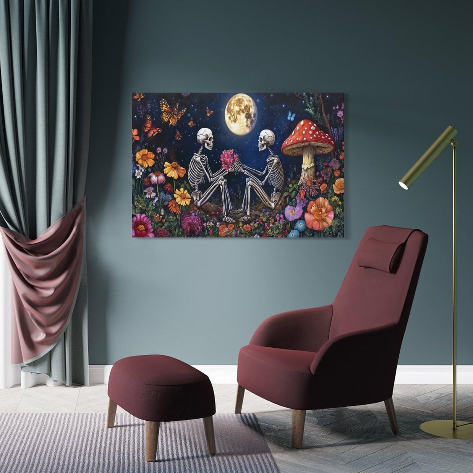 Junmoney Frame-Style-23 Romantic Skeletons In Moonlit Garden Wall Picture Print, 24X36inch(60X90cm), For New Homes, Bedrooms Or Workspaces, Thoughtful Wall Decor For Art Lovers