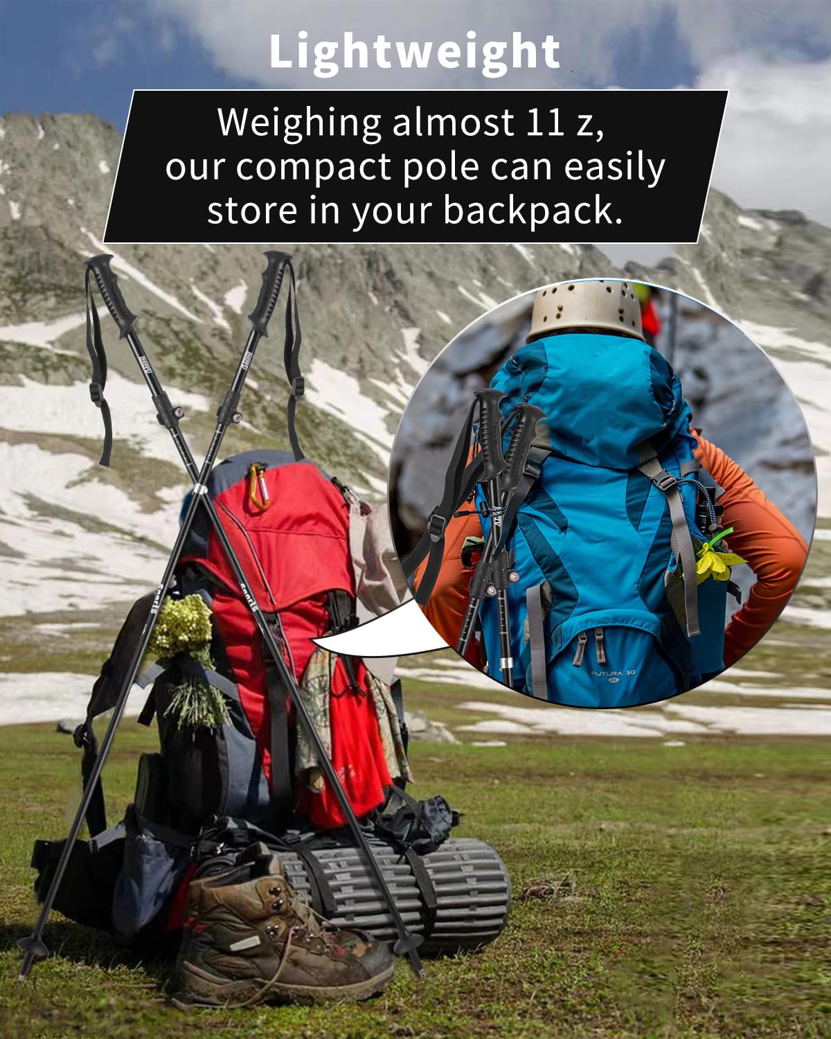 AISUNOURDOOR Lekkie regulowane kijki trekkingowe, aluminiowe składane kijki podróżne lub do chodzenia dla kobiet i dzieci, z jednym jednorazowym płaszczem przeciwdeszczowym