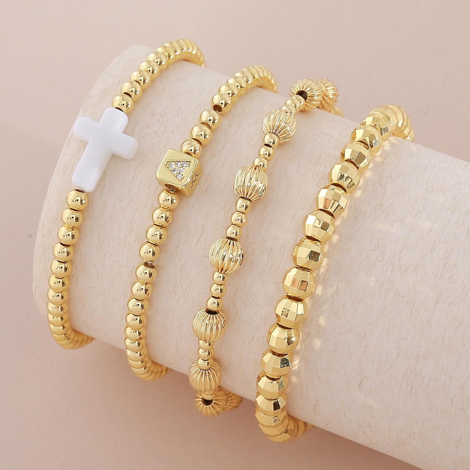 Gold Silver Bracelets for Women,Stackable Bead Ball Bracelets 14K Gold Plated Beaded Bracelet Adjustable Elastic Jewelry - Image 9